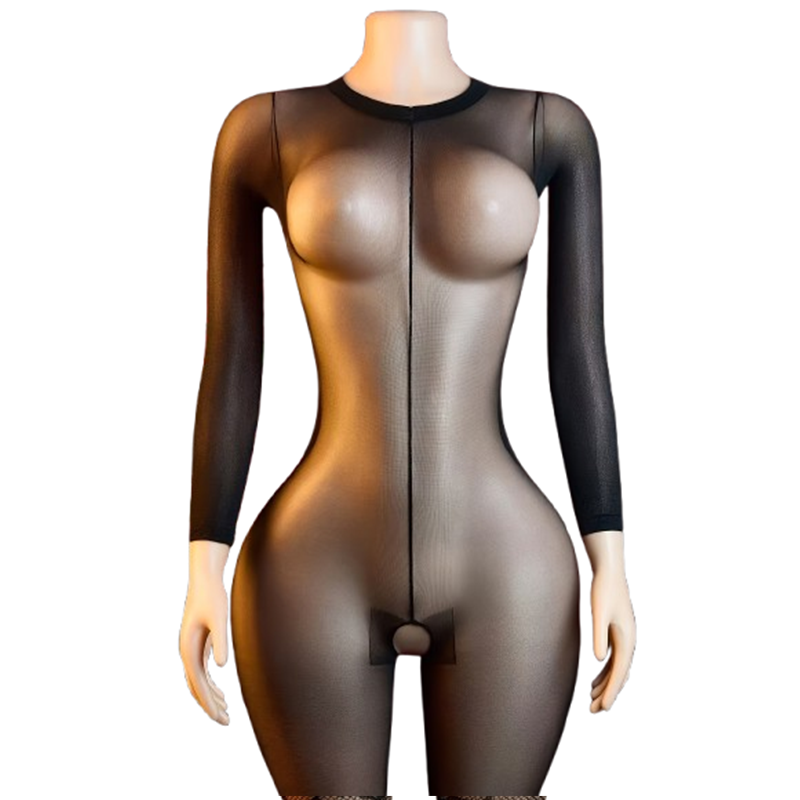 Lingerie - 1 Piece Sheer Black Mesh Open-Crotch