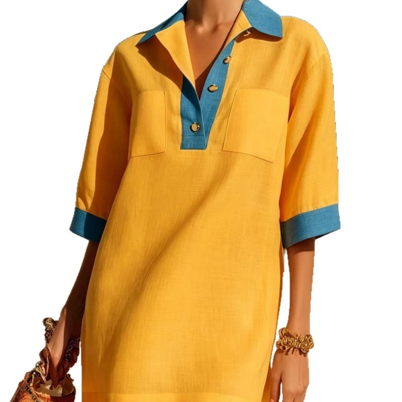 Women's Summer Elegant Contras - Casual Loose Linen Shirt Dress recension och pris