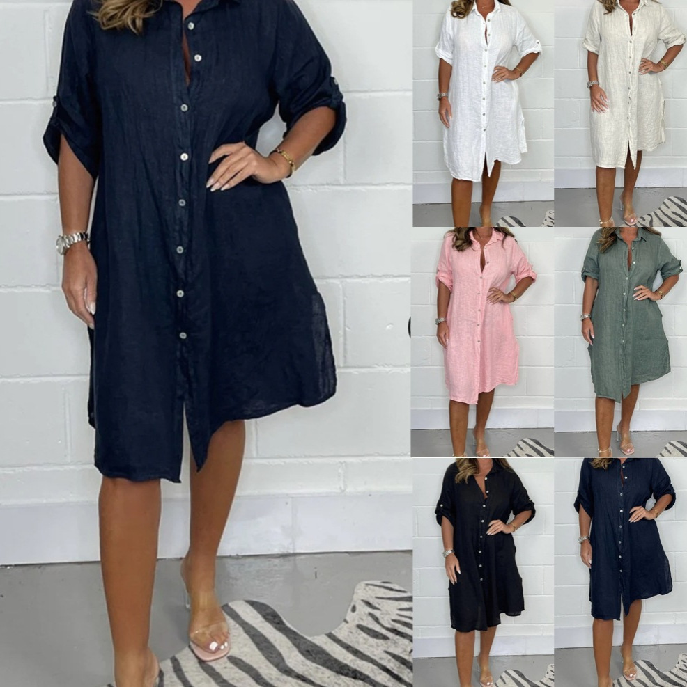 Spring Summer Linen 3/4 Sleeve - Casual Loose Linen Shirt Dress recension och pris