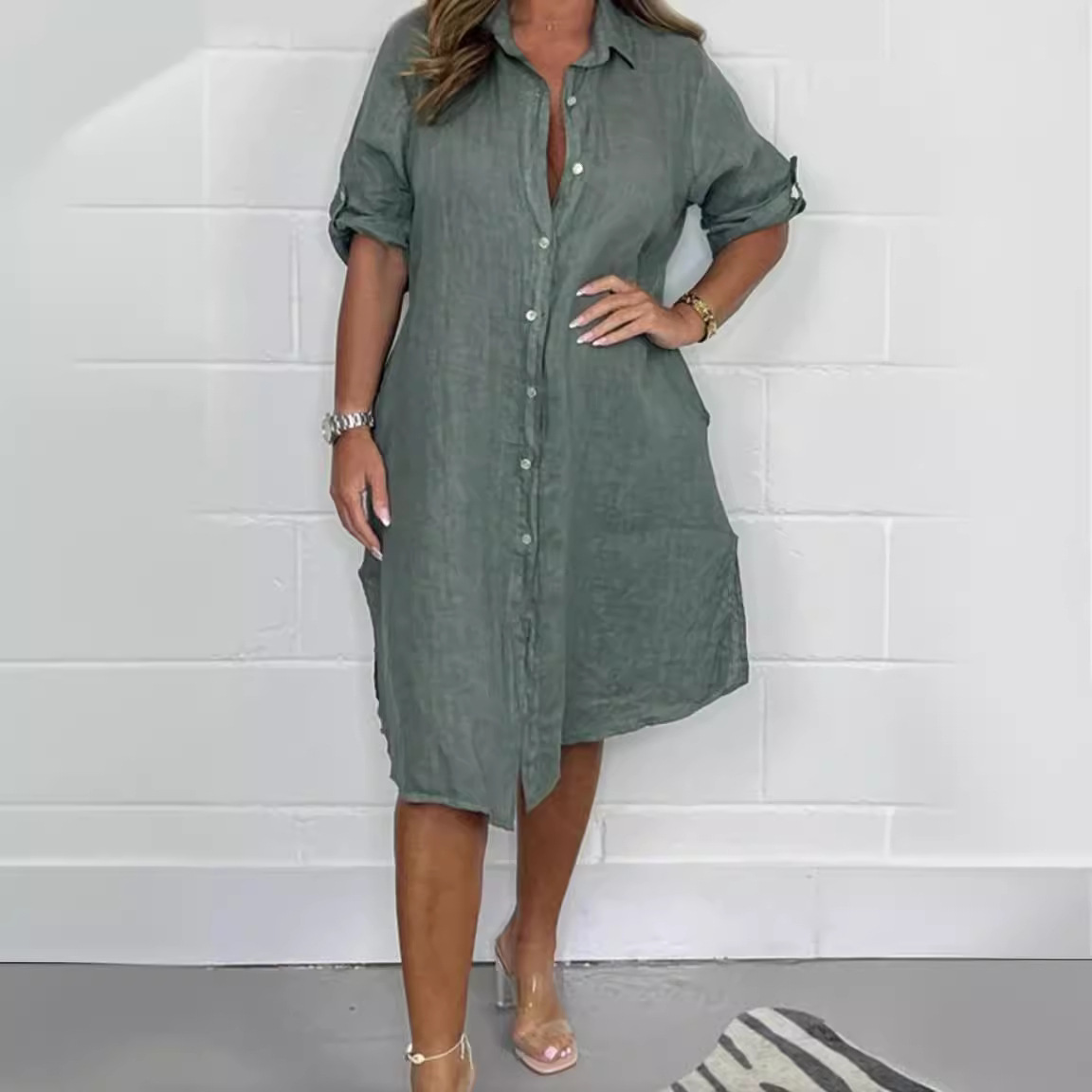 Spring Summer Linen 3/4 Sleeve - Casual Loose Linen Shirt Dress recension och pris