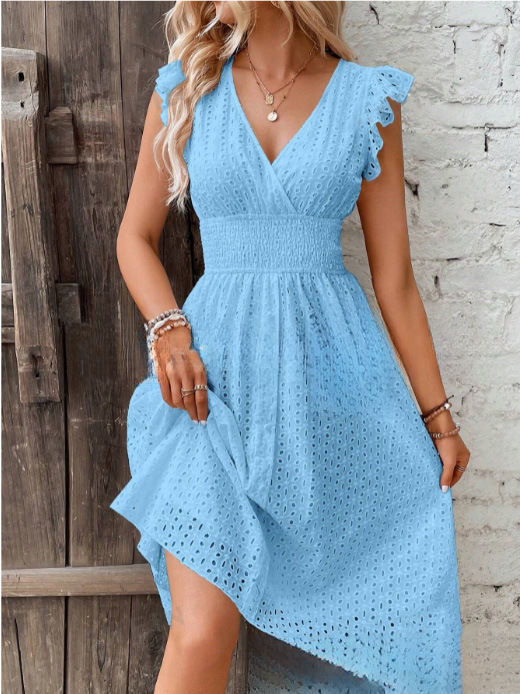 Summer Cotton Eyelet V-Neck Dr - French Vintage Floral Midi Dress recension och pris